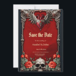 Romantic Gothic icon: heart, rose, skull.  Save The Date<br><div class="desc">Romantic Gothic icon: heart, rose, skull. An ornate silver frame that stands out against a deep red background. The frame is richly decorated with detailed floral and ornate patterns, giving it an elegant and complex structure. A winged heart adorned with a bright red jewel sits in the upper centre of...</div>