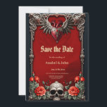 Romantic Gothic icon: heart, rose, skull.  Save The Date<br><div class="desc">Romantic Gothic icon: heart, rose, skull. An ornate silver frame that stands out against a deep red background. The frame is richly decorated with detailed floral and ornate patterns, giving it an elegant and complex structure. A winged heart adorned with a bright red jewel sits in the upper centre of...</div>