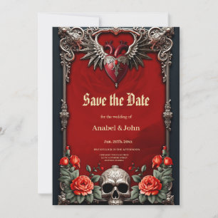 Romantic Gothic icon: heart, rose, skull.  Save The Date