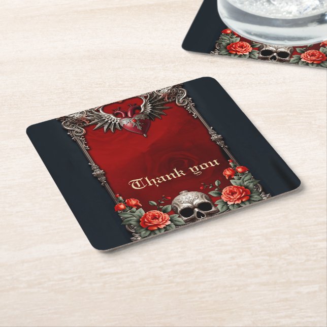 Romantic Gothic icon: heart, rose, skull.  Square Paper Coaster (Angled)