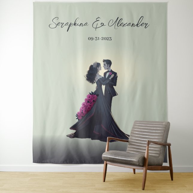 Romantic Gothic Lovers Elegant Wedding Backdrop Tapestry (In Situ)