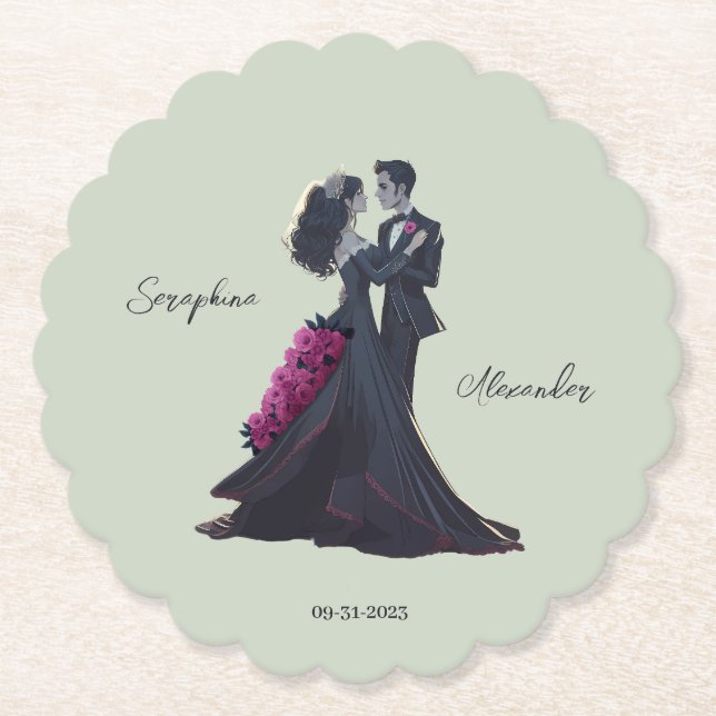 Romantic Gothic Lovers Elegant Wedding Paper Coaster (Front)