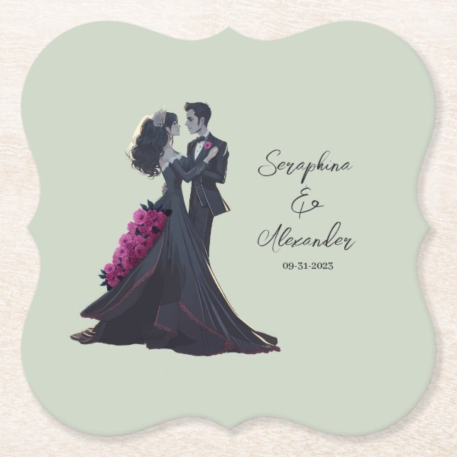 Romantic Gothic Lovers Elegant Wedding Paper Coaster (Front)