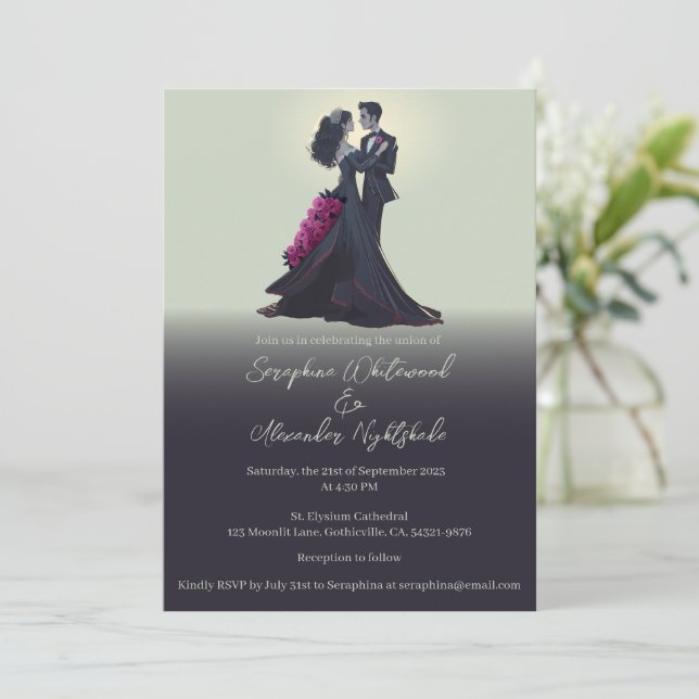 Romantic Gothic Lovers Minimal Wedding Invitation (Standing Front)