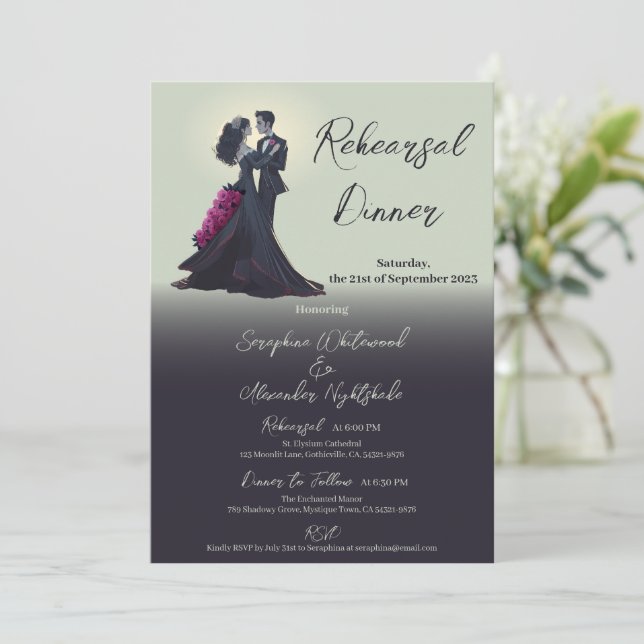 Romantic Gothic Lovers Rehearsal Dinner Wedding Invitation (Standing Front)