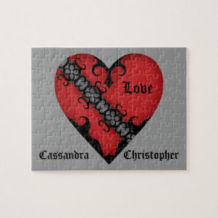 Romantic gothic mediaeval red heart personalised jigsaw puzzle