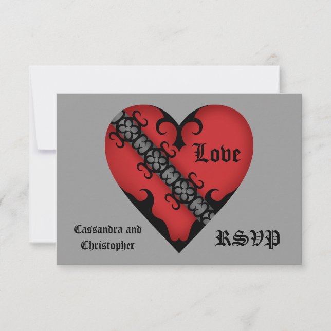 Romantic gothic mediaeval red heart RSVP Card (Front)