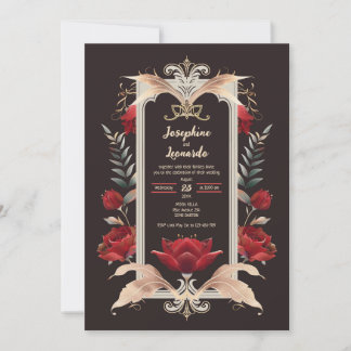 Romantic Gothic Red Rose and Gold Wedding Invitation