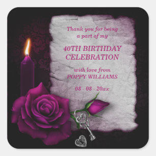 Romantic Gothic Rose & Candle Birthday Square Sticker