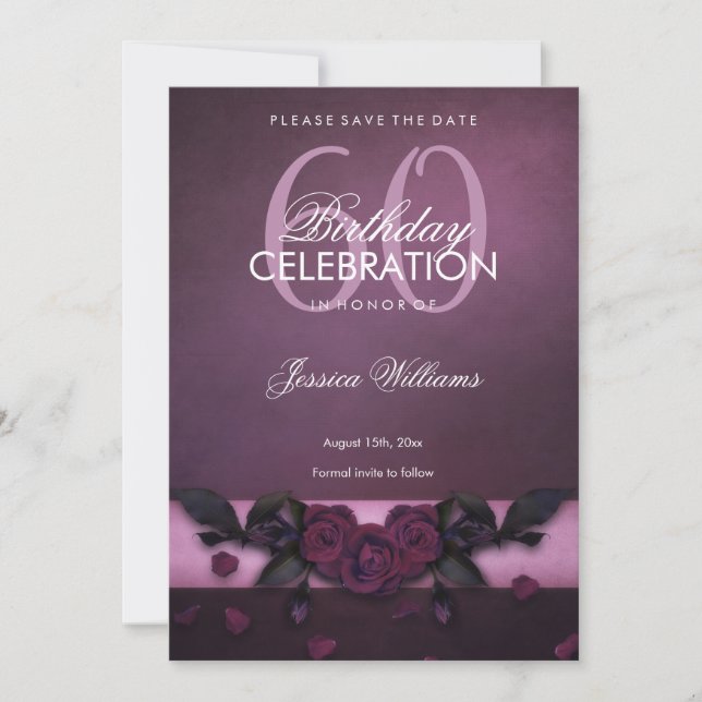Romantic Gothic Roses & Petals Birthday Save The Date (Front)