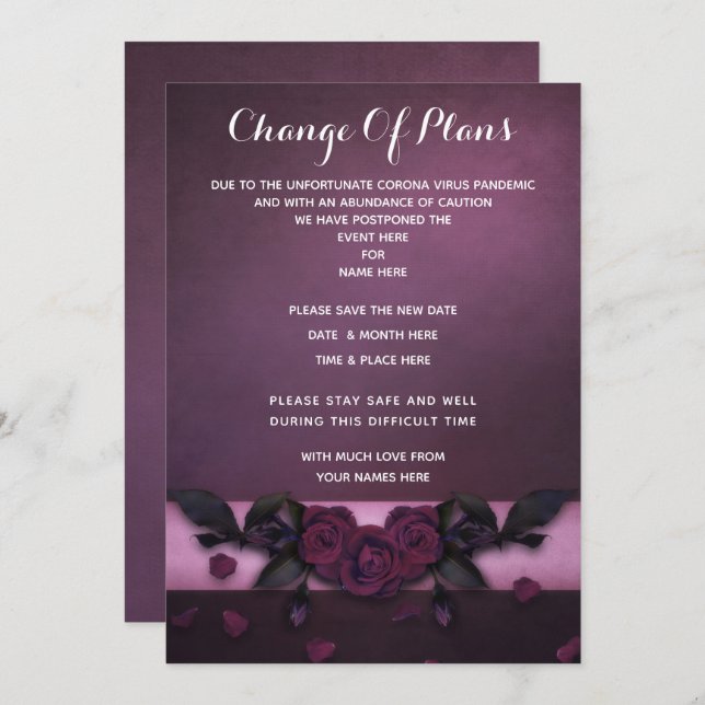 Romantic Gothic Roses & Petals Change Of Plans Invitation (Front/Back)
