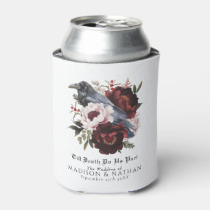 Romantic Gothic Watercolor Raven Floral Wedding Can Cooler