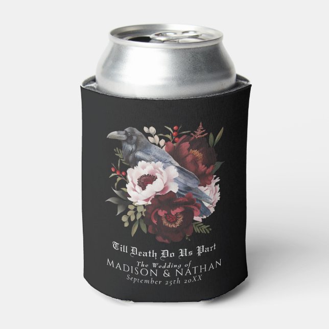 Romantic Gothic Watercolor Raven Floral Wedding Can Cooler (Can Front)