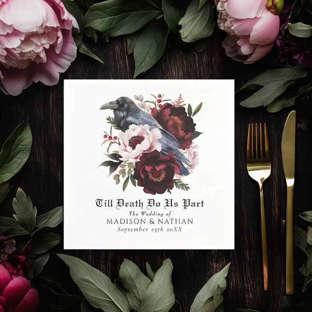Romantic Gothic Watercolor Raven Floral Wedding Napkin (Creator Uploaded)
