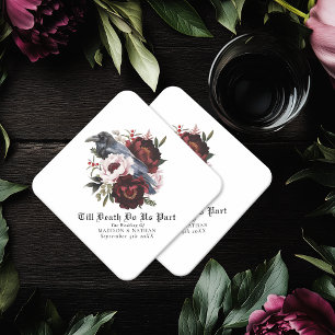 Romantic Gothic Watercolor Raven Floral Wedding  Paper Coaster
