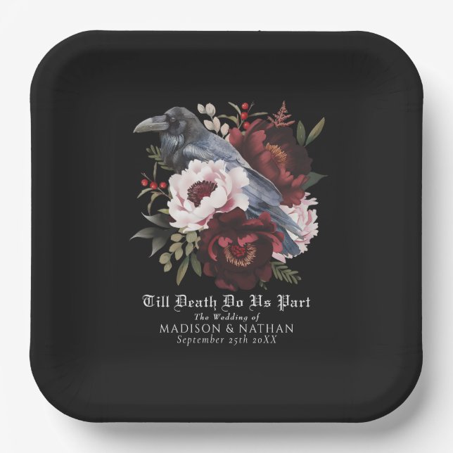 Romantic Gothic Watercolor Raven Floral Wedding Paper Plate (Front)