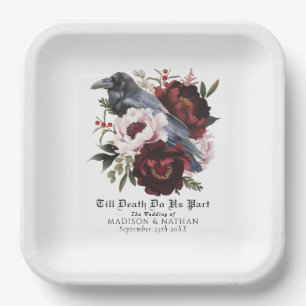 Romantic Gothic Watercolor Raven Floral Wedding Paper Plate