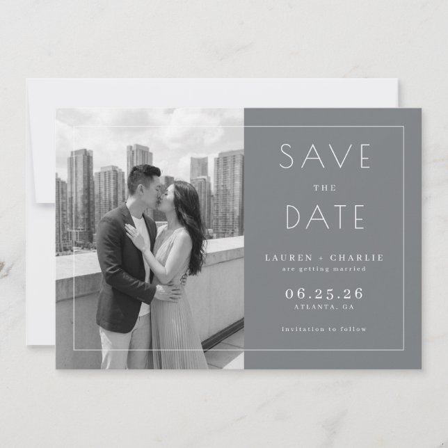 Romantic Gray Minimalist Photo Save The Date (Front)