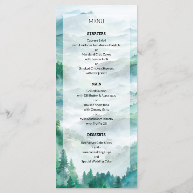 Romantic Green and Blue Woodland Mountain Wedding Menu (Front)