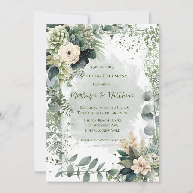 Romantic Green Beige Peony Wedding Invitation (Front)