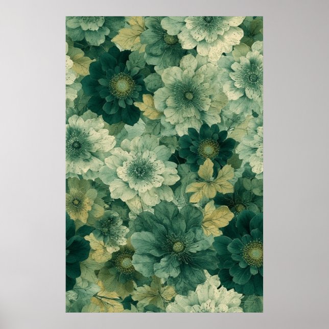Romantic Green Botanical Bloom Pattern Poster (Front)