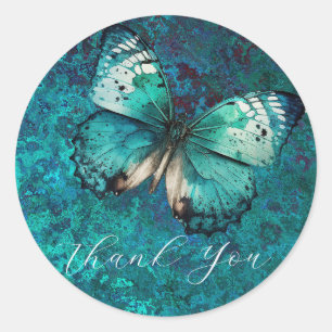 Romantic green butterfly thank you classic round sticker