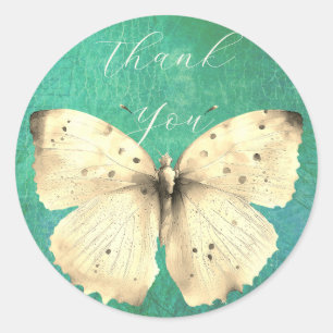 Romantic green butterfly thank you  classic round sticker