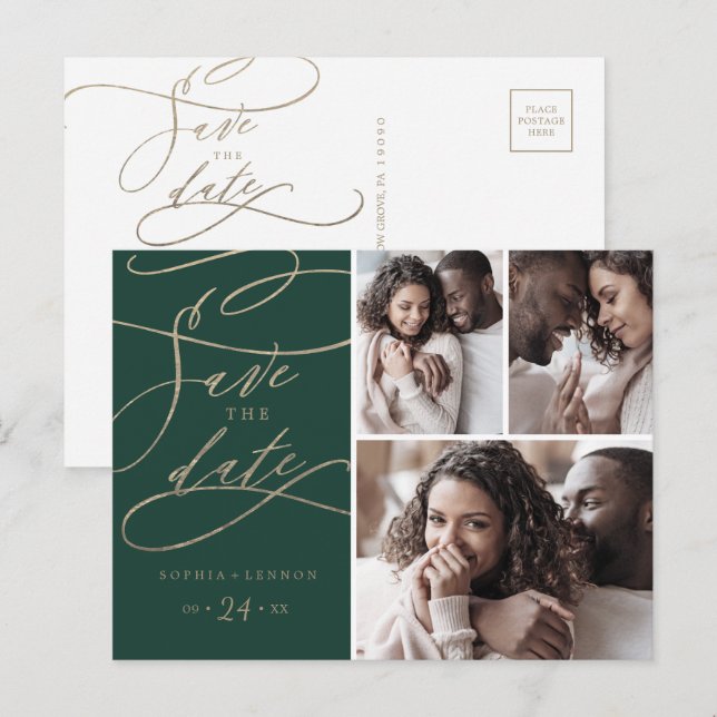 Romantic Green Calligraphy 3 Photo Save the Date Invitation Postcard (Front/Back)