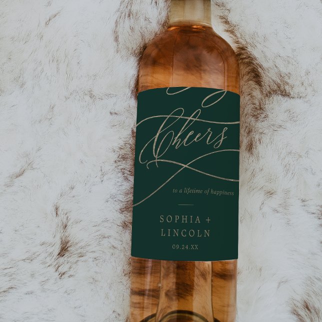 Romantic Green Calligraphy Cheers Wedding Wine Label (Creator Uploaded)