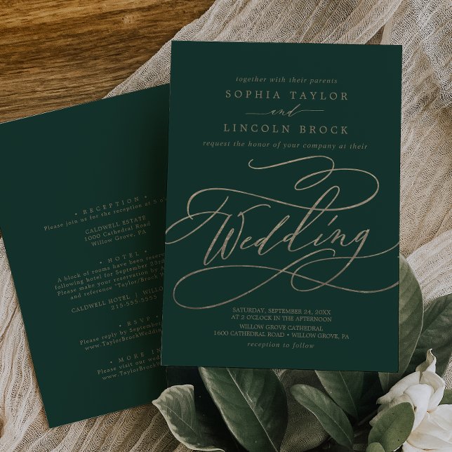 Romantic Green Calligraphy Details on Back Wedding Invitation (Creator Uploaded)