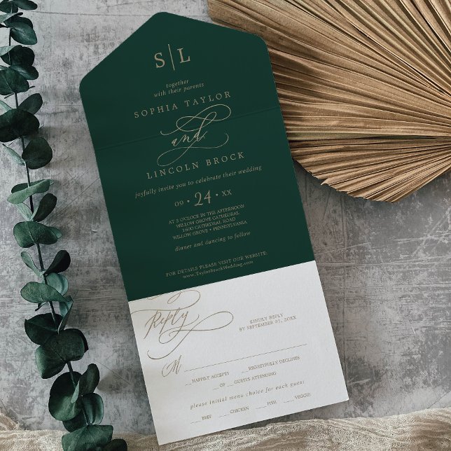 Romantic Green Calligraphy Monogram Wedding All In One Invitation (Romantic Green Calligraphy Monogram Wedding All In One Invitation)