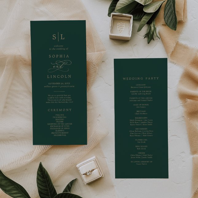 Romantic Green Calligraphy Monogram Wedding Program (Creator Uploaded)