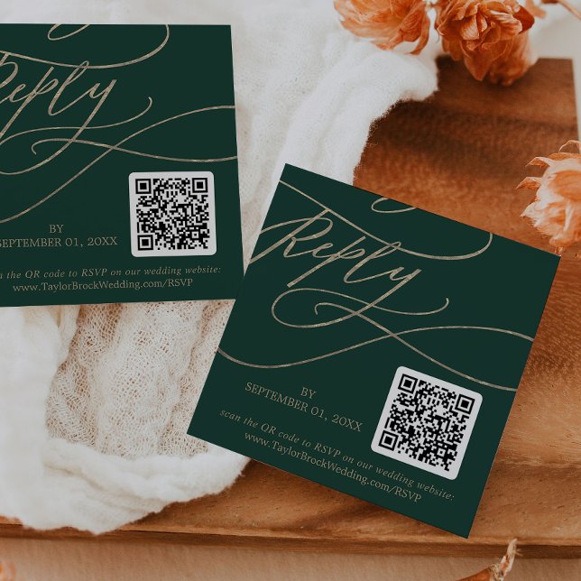 Romantic Green Calligraphy QR Code Wedding RSVP Enclosure Card (Creator Uploaded)