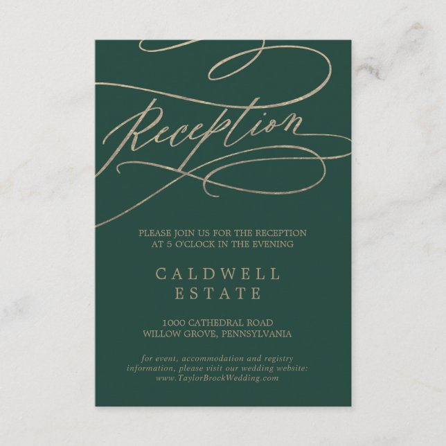 Romantic Green Calligraphy Reception Insert Card (Front)