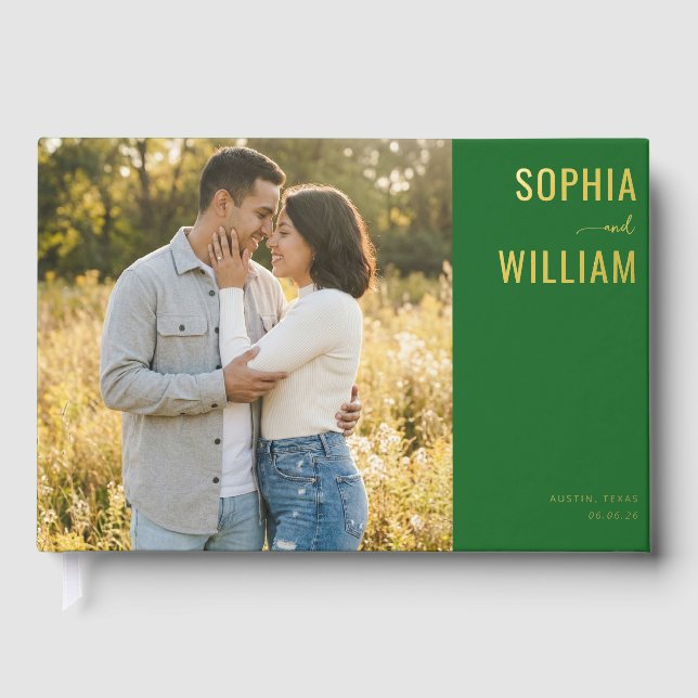 Romantic Green Contemporary Photo Guest Book (Front)