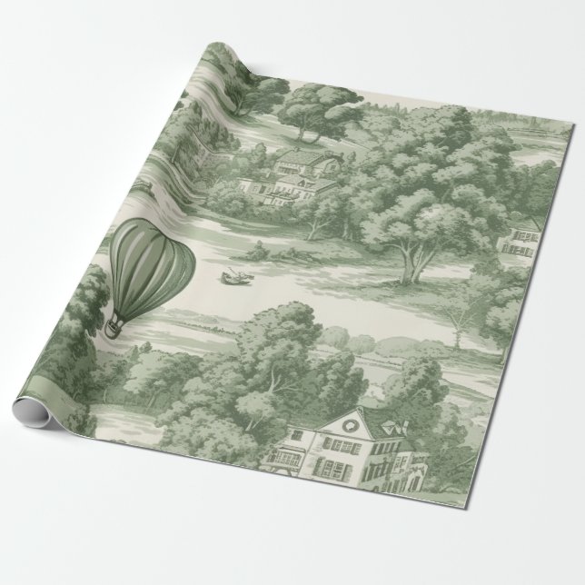 Romantic Green Countryside Toile Balloon Pattern Wrapping Paper (Unrolled)