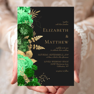 Romantic Green Gold Floral Dark Wedding Invitation