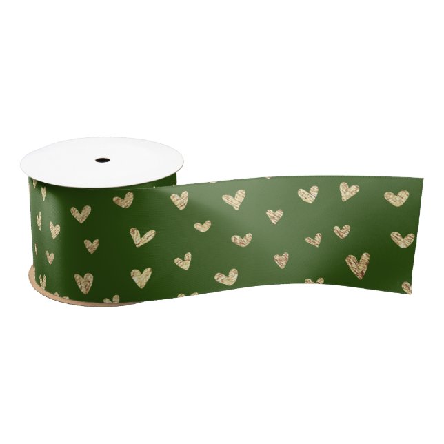 Romantic Green Gold Love Hearts Satin Ribbon (Spool)