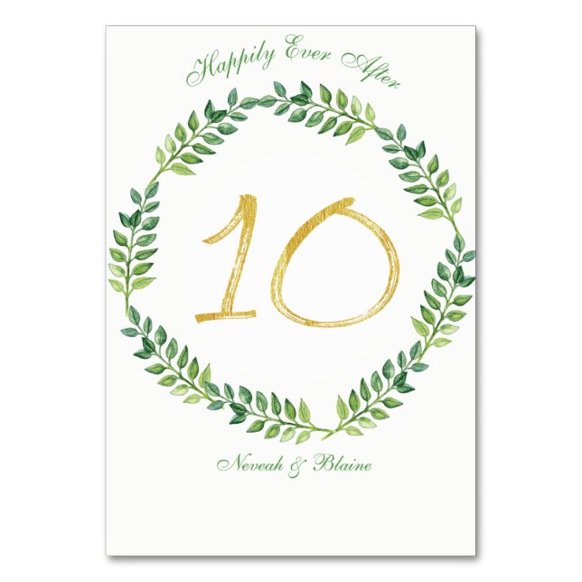 Romantic Green Leaves -  Wedding table card10 ring Table Number (Front)