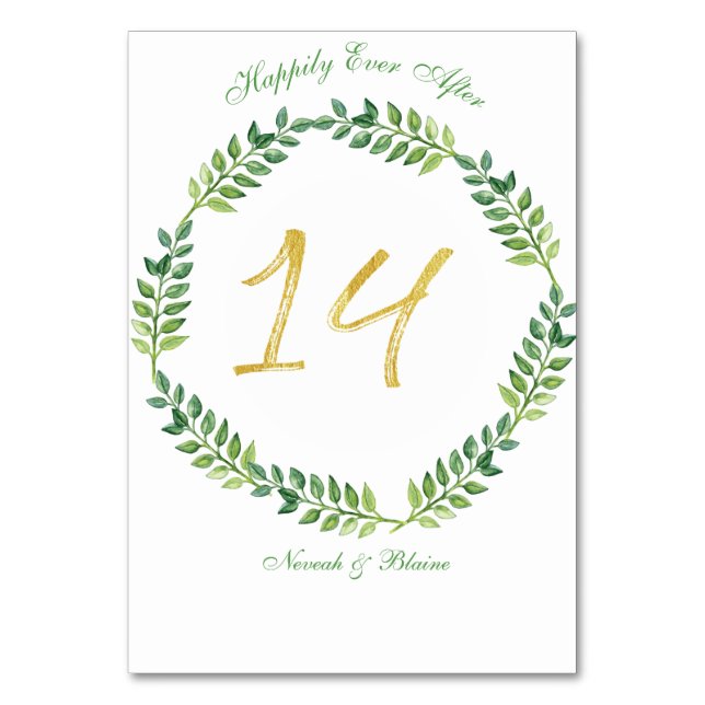 Romantic Green Leaves -  Wedding table card14ring Table Number (Front)