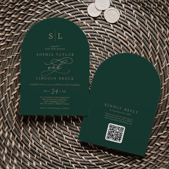 Romantic Green Monogram QR Code Boho Arch Wedding Invitation (Romantic Green Monogram QR Code Boho Arch Wedding Invitation)