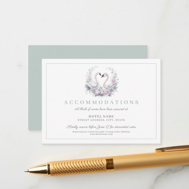 Romantic Green Swan Couple Wedding  Enclosure Card (Front/Back In Situ)