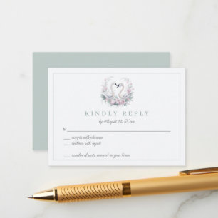 Romantic Green Swan Couple Wedding RSVP Card