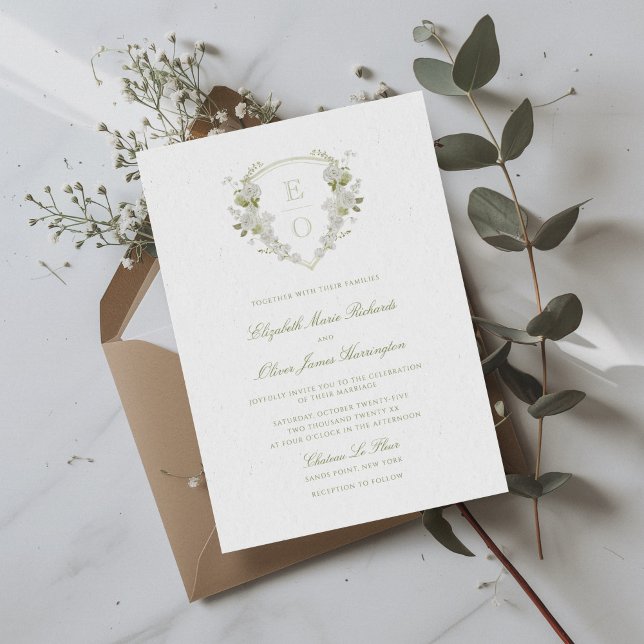 Romantic Green White Floral Monogram Crest Wedding Invitation (Creator Uploaded)