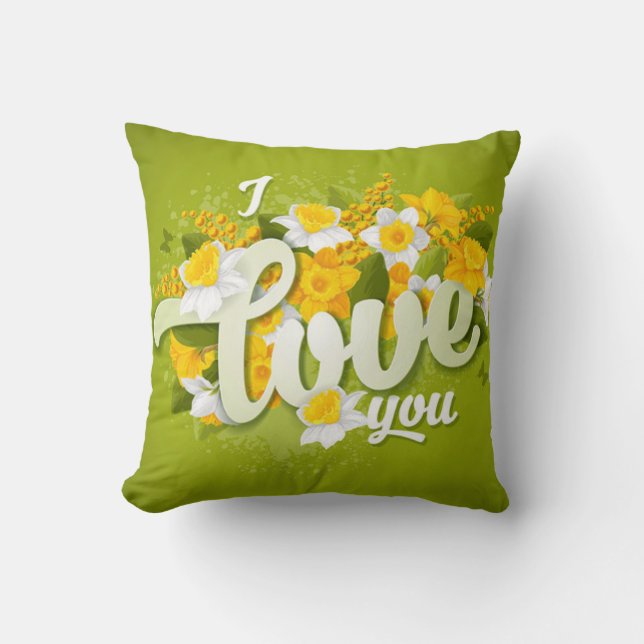 Romantic Green Yellow & White Daffodils Floral Cushion (Front)