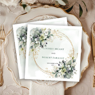 Romantic Greenery and Gold Botanical Wedding Napkin