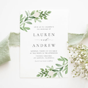 Romantic Greenery and White Flowers Wedding Invitation Postcard