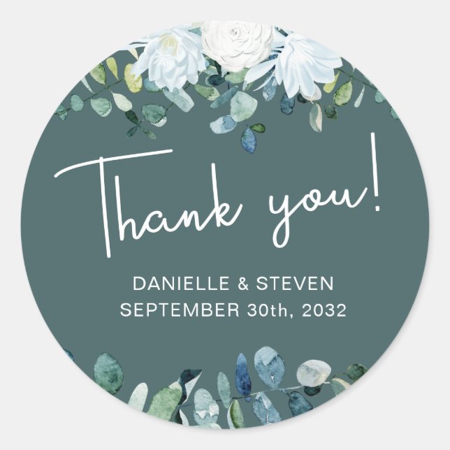 Romantic greenery eucalyptus names & wedding date classic round sticker (Front)