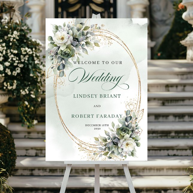 Romantic Greenery Gold Wedding Welcome Poster (Romantic Greenery Gold Wedding Welcome Poster)