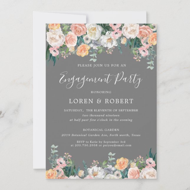 Romantic Grey and Blush Floral Engagement Party Invitation (Front)